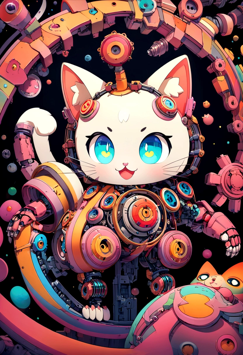 Create a highly detailed and stylized digital artwork of a cat for a children's bedroom wall art, optimized for A4 size. The cat should be depicted in a cartoon animation style with vibrant colors and mechanical parts. The cat has large, expressive eyes, a playful and dynamic pose, and features detailed textures in its fur. Integrate mechanical elements like gears, joints, and metal plating seamlessly into its body, creating a unique blend of organic and mechanical aesthetics. The background should be simple and pastel-toned to complement the cat's vibrant appearance without detracting from the character. The overall design should be engaging, full of personality, and visually striking, perfect for captivating a child's imagination