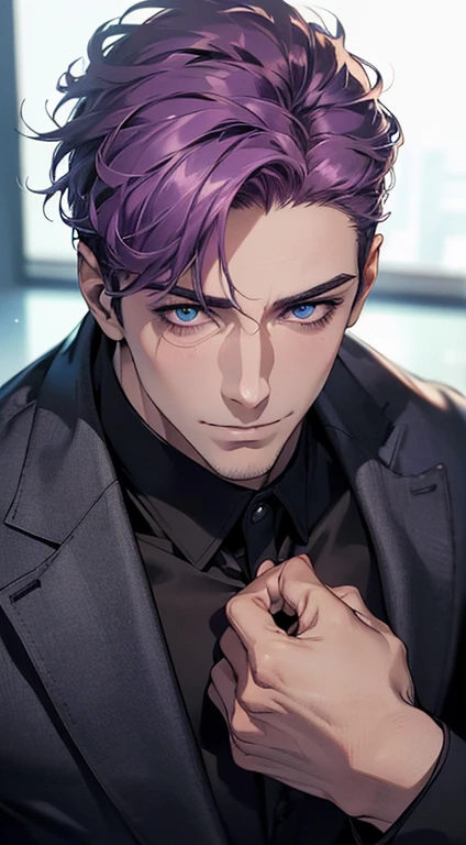 (best quality,4k,8k,highres,masterpiece:1.2),ultra-detailed,(realistic,photorealistic,photo-realistic:1.37),1 man,31 years old,mature man,very handsome,without expression,smile,short purple hair,blue eyes,penetrating gaze,perfect face without errors,imposing posture,businessman,office background,cinematic lighting,hdr image