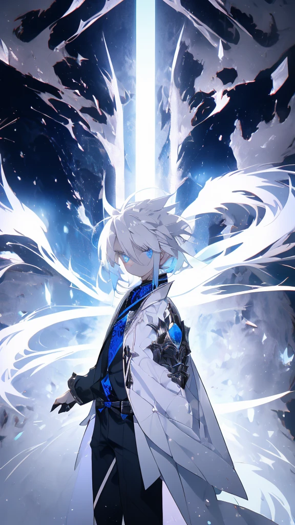 White haired man, standing and looking at the camera, he have white hair and blue eyes, the background is dark filled with countless blue eyes all eyes staring at the camera