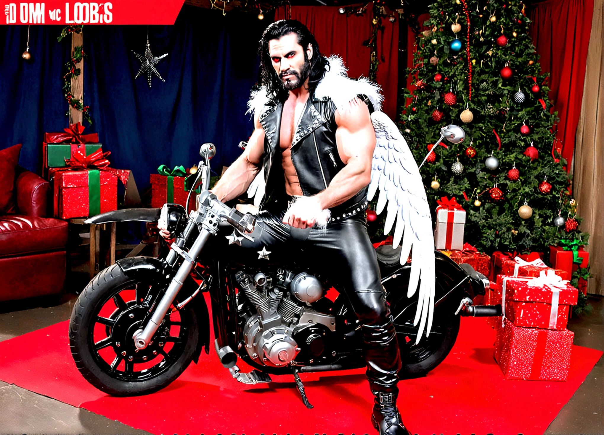DC comics Lobo (pale white skin, deep red eyes, pitch black mullet and scraggly beard, powerfully muscled, leather space biker outfit with a lot of metal stud trim, huge gun) is wearing angel wings to infiltrate a Christmas play. A bunch of lovely women in angel outfits are trying to avoid Lobo on the stage.