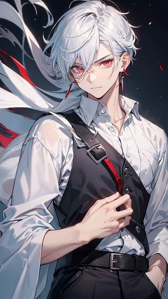 (Highest quality,Super detailed,Realistic:1.37),A boy with white hair and dark red eyes,It gives off a dark aura. He seems to have both human and demonic qualities., With sharp devilish features. He wears an earring in one ear, This adds to his mysterious and attractive appearance.. The hair and eyes are also very detailed., Capture the intensity of each hair and red eye. The overall image should have a Realistic and photoRealistic quality, Vibrant colors accentuate the contrast between the boy&#39;s appearance and the dark atmosphere.. The lighting should be dramatic., Use shadows to add depth to character features. The art style can be a mix of concept art and anime, blending Realistic elements with a touch of fantasy. The image should have a dark and moody tone, Enhances the mystical and supernatural atmosphere.Looking at this,Face is close,Wearing a full black suit