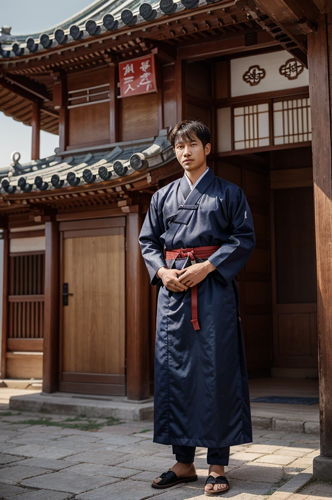 A 29 year old man is standing wearing traditional Korean hanbok clothing,with pagoda background.