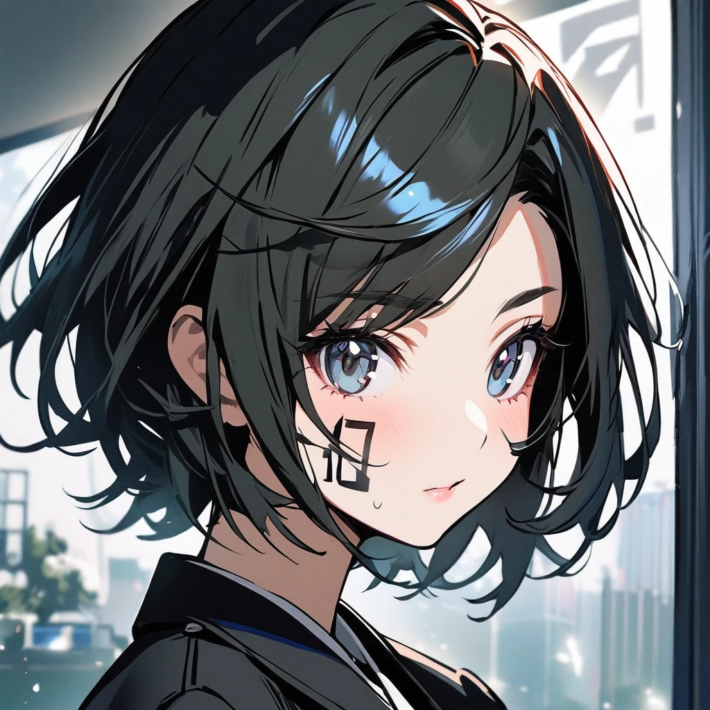 one girls portrait,cool and beauty,("07" on the Cheek),The numbers that appear on the cheeks,wearing black suit,short hair