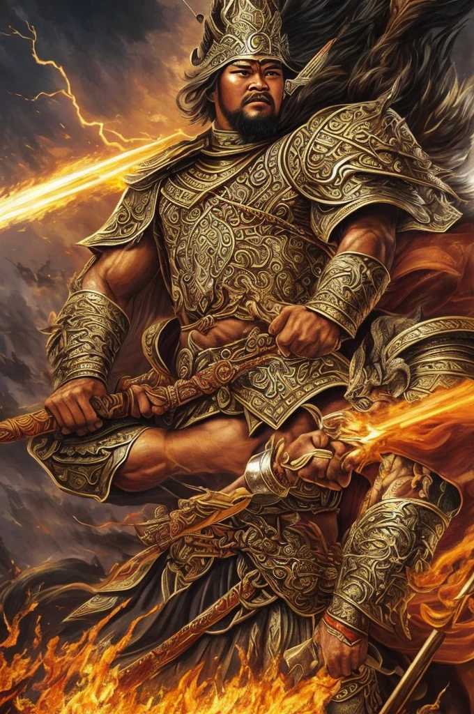 ((best quality)), ((masterpiece)), (detailed), create very detailed images of A powerful warrior in Javanese mythology, associated with thunder and lightning, and renowned for his strength and bravery. He is often depicted as a fierce warrior who defends people from danger, and his stories are full of epic battles and heroic feats.