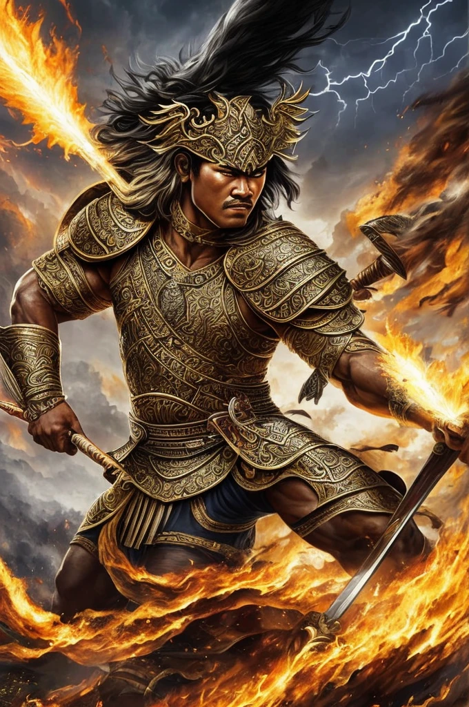 ((best quality)), ((masterpiece)), (detailed), create very detailed images of A powerful warrior in Javanese mythology, associated with thunder and lightning, and renowned for his strength and bravery. He is often depicted as a fierce warrior who defends people from danger, and his stories are full of epic battles and heroic feats.