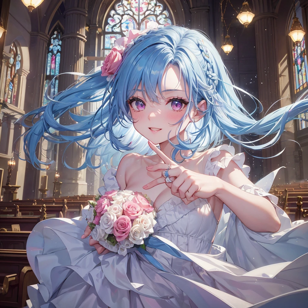 Sky blue hair, (One braided ponytail),(Pink Eyes),Fair skin ,(whole body),(One girl),bride,A big smile,Straight bangs, 6月のbride,Wedding dress,(masterpiece, Highest quality, Very detailed, Best Shadow), (Detailed Background), (Beautifully detailed face), High Contrast, (Best lighting, Very delicate and beautiful), ((Cinematic Light)), colorful, Hyper Detail, Dramatic Light, Intricate details,Chapel background,A bouquet of roses in the right hand,Ring on left ring finger,