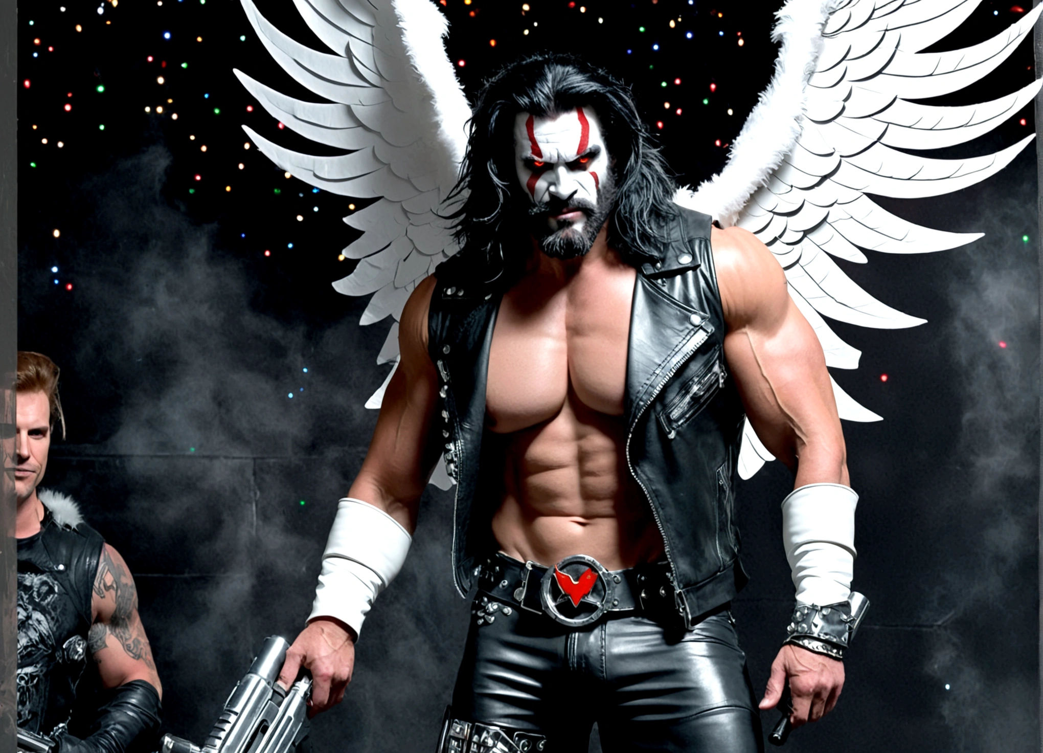 DC comics Lobo (pale white skin, deep red eyes, pitch black mullet and scraggly beard, powerfully muscled, leather space biker outfit with a lot of metal stud trim, huge gun) is wearing angel wings to infiltrate a Christmas play. A bunch of lovely women in angel outfits are trying to avoid Lobo on the stage.
