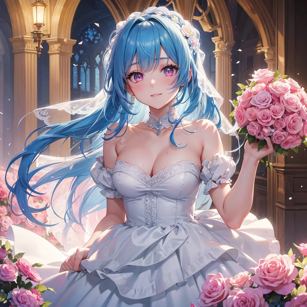 Sky blue hair, (One braided ponytail),(Pink Eyes),Fair skin ,(whole body),(One girl),bride,A big smile,Straight bangs, 6月のbride,Wedding dress,(masterpiece, Highest quality, Very detailed, Best Shadow), (Detailed Background), (Beautifully detailed face), High Contrast, (Best lighting, Very delicate and beautiful), ((Cinematic Light)), colorful, Hyper Detail, Dramatic Light, Intricate details,Chapel background,A bouquet of roses in the right hand,Ring on left ring finger,