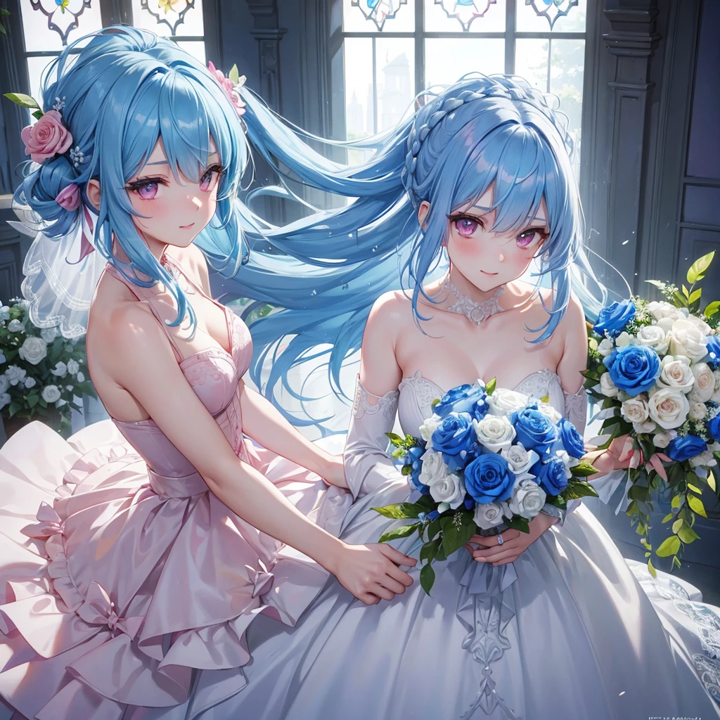 Sky blue hair, (One braided ponytail),(Pink Eyes),Fair skin ,(whole body),(One girl),bride,A big smile,Straight bangs, 6月のbride,Wedding dress,(masterpiece, Highest quality, Very detailed, Best Shadow), (Detailed Background), (Beautifully detailed face), High Contrast, (Best lighting, Very delicate and beautiful), ((Cinematic Light)), colorful, Hyper Detail, Dramatic Light, Intricate details,Chapel background,A bouquet of roses in the right hand,Ring on left ring finger,