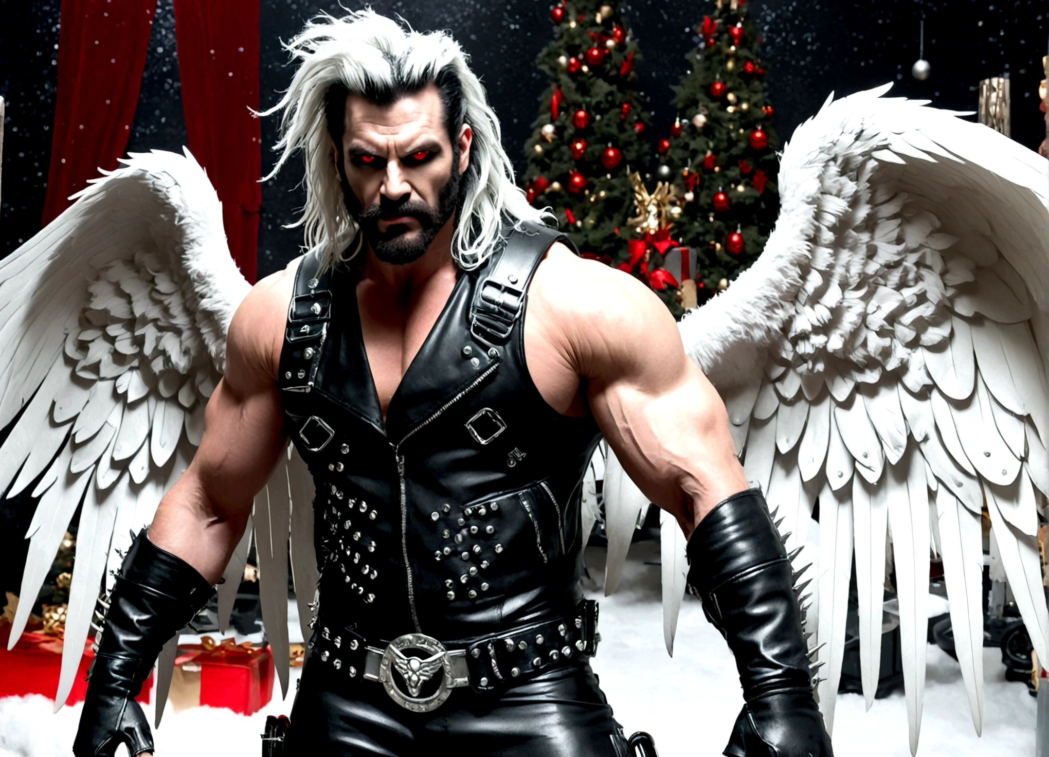 DC comics Lobo (pale white skin, deep red eyes, pitch black mullet and scraggly beard, powerfully muscled, leather space biker outfit with a lot of metal stud trim, huge gun) is wearing angel wings to infiltrate a Christmas play. A bunch of lovely women in angel outfits are trying to avoid Lobo on the stage.

