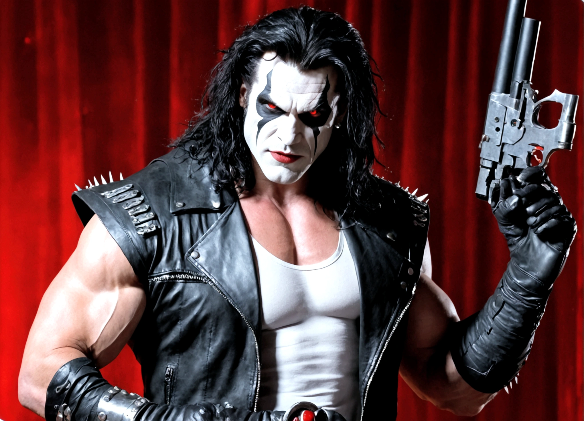 DC comics Lobo (pale white skin, deep red eyes, pitch black mullet and scraggly beard, powerfully muscled, leather space biker outfit with a lot of metal stud trim, huge gun) is wearing angel wings to infiltrate a Christmas play. A bunch of lovely women in angel outfits are trying to avoid Lobo on the stage.
