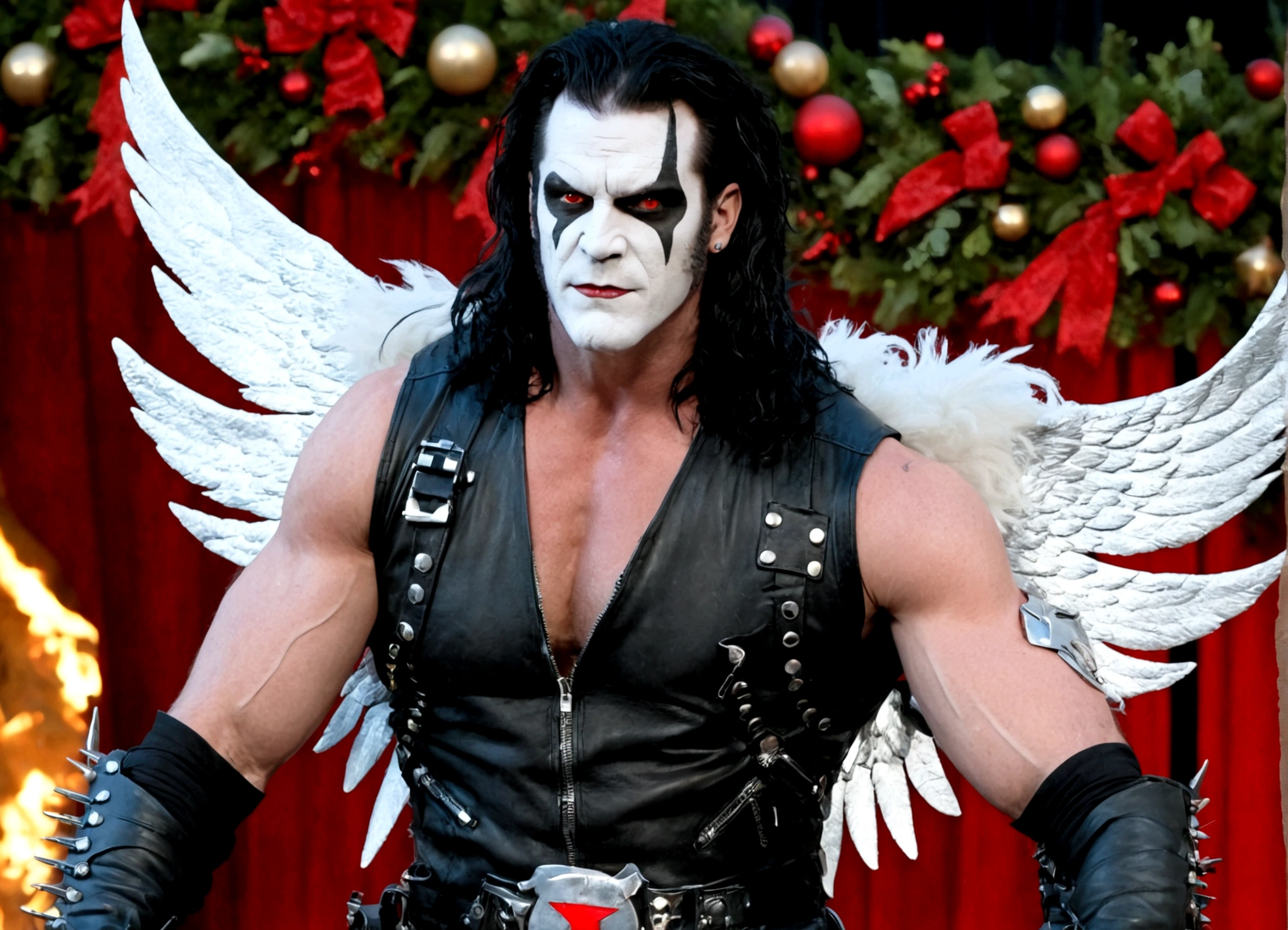 DC comics Lobo (pale white skin, deep red eyes, pitch black mullet and scraggly beard, powerfully muscled, leather space biker outfit with a lot of metal stud trim, huge gun) is wearing angel wings to infiltrate a Christmas play. A bunch of lovely women in angel outfits are trying to avoid Lobo on the stage.
