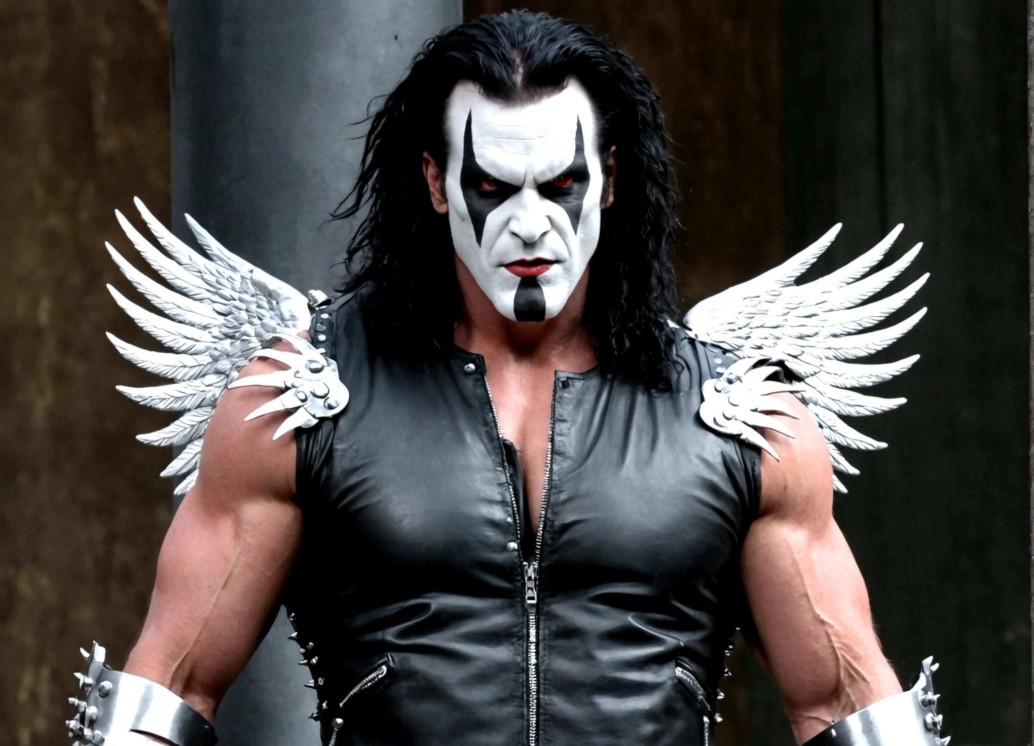 DC comics Lobo (pale white skin, deep red eyes, pitch black mullet and scraggly beard, powerfully muscled, leather space biker outfit with a lot of metal stud trim, huge gun) is wearing angel wings to infiltrate a Christmas play. A bunch of lovely women in angel outfits are trying to avoid Lobo on the stage.
