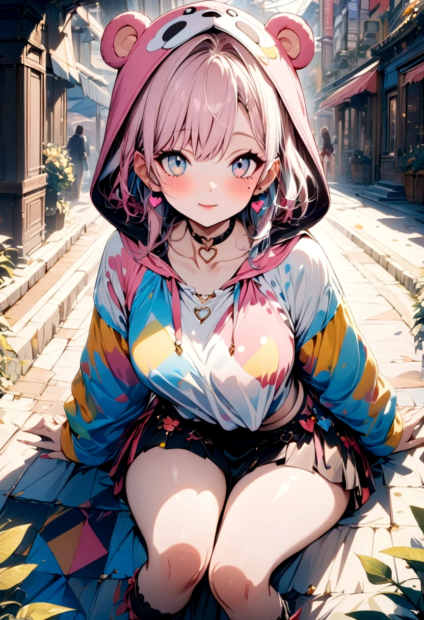 ,beautiful flower々）,mole under eye, heart shaped choker, (masterpiece, highest quality), official art, beautiful and aesthetic: 1.2), (1 girl), very detailed, (geometry art: 1.3), colorful、pink bob hair、monkey hood shirt、mini skirt