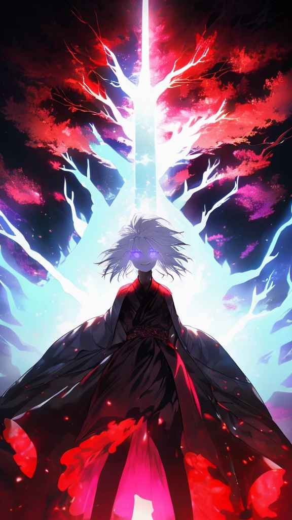 "Create an image of a white-haired man with blue eyes standing in the center of a dark forest. filled with countless red eyes on the background, glowing eyes. He is looking directly at the viewer with a wide, crazed smile. The atmosphere is eerie and unsettling, with twisted branches and a fiery glow from the underbrush. The overall mood should be one of horror and dread."