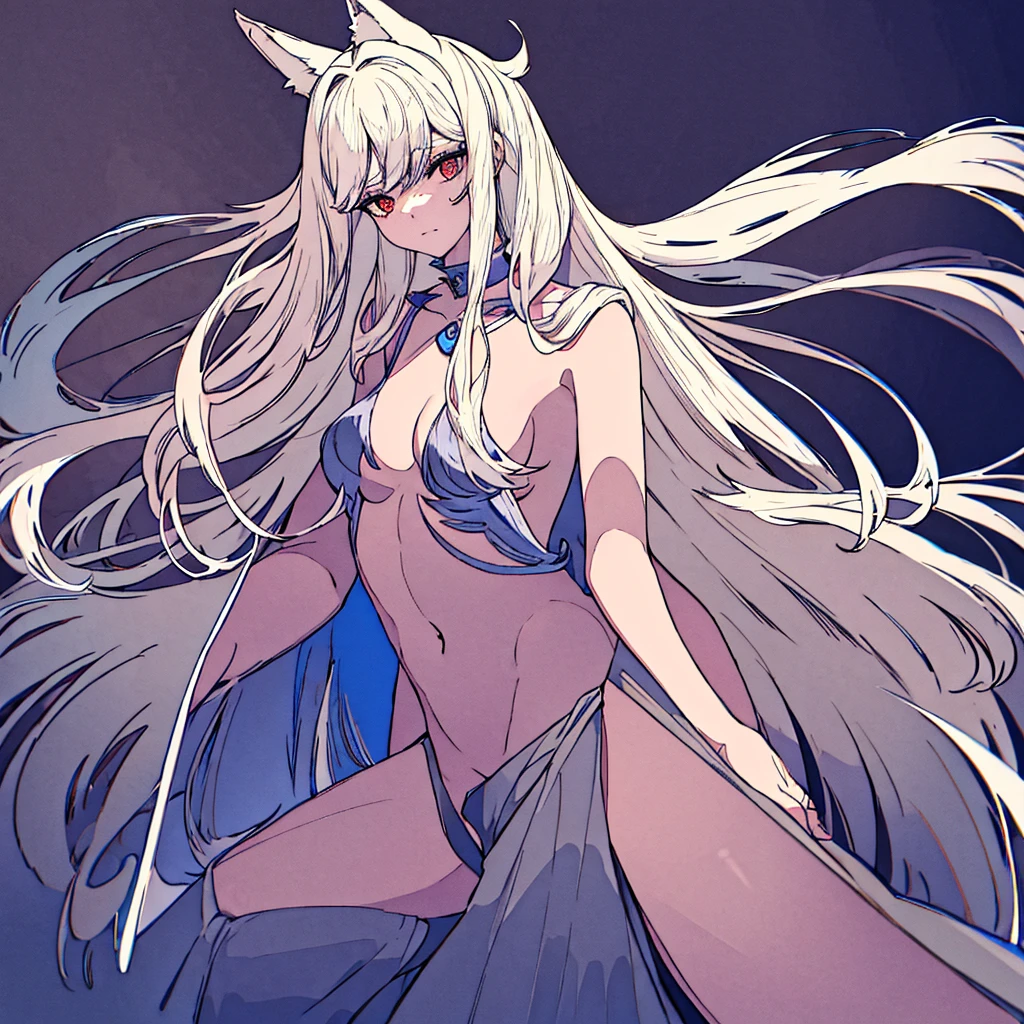 - Lleva una layer clara con una abertura en el frente, color blanco
- La layer cubre parcialmente una camisa blanca con mangas largas.
- Black tight pants.
- Long, pointed wolf ears, White color.
- Long hair, white and messy, that reaches beyond your waist.
- Ojos rEyes o rosados, that stand out on his pale face.
- Cola peluda y larga que coincide con el color de su Hair blanco.
- Bare feet shaped like a wolf.
- A Wolf Woman, wild, naughty, malisiosa - Beige coat - large wolf ears - White hair - Squinted eyes with red pupils and white eyelashes - Black pants - White wolf tail - Lupine appearance - intense gaze, haunting - White (Hair, layer)
- Negro (pants)
- Red/rosado (Eyes)
- white (ears and tail)
-Front Pose!