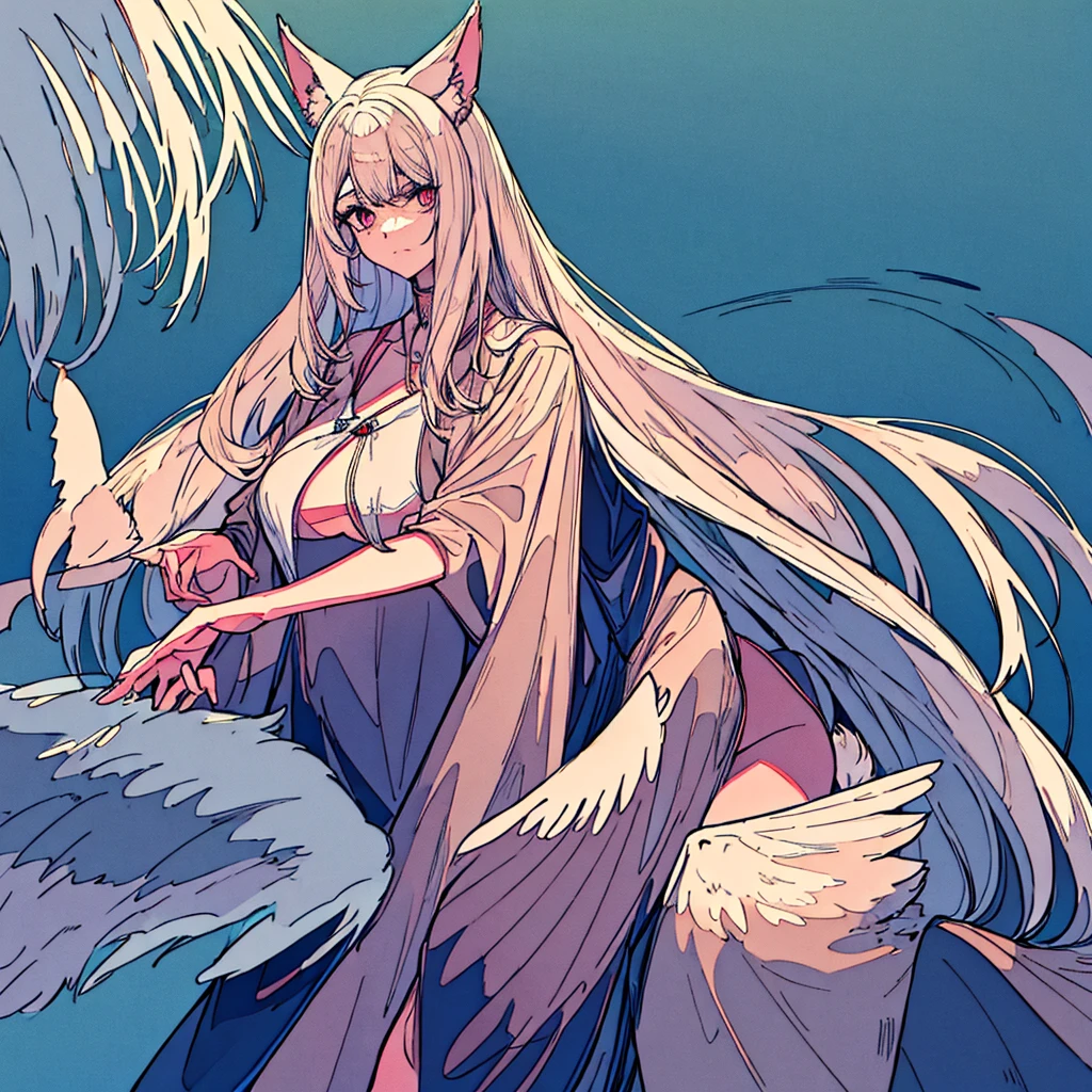- Lleva una layer clara con una abertura en el frente, color blanco
- La layer cubre parcialmente una camisa blanca con mangas largas.
- Black tight pants.
- Long, pointed wolf ears, White color.
- Long hair, white and messy, that reaches beyond your waist.
- Ojos rEyes o rosados, that stand out on his pale face.
- Cola peluda y larga que coincide con el color de su Hair blanco.
- Bare feet shaped like a wolf.
- A Wolf Woman, wild, naughty, malisiosa - Beige coat - large wolf ears - White hair - Squinted eyes with red pupils and white eyelashes - Black pants - White wolf tail - Lupine appearance - intense gaze, haunting - White (Hair, layer)
- Negro (pants)
- Red/rosado (Eyes)
- white (ears and tail)
-Front Pose!