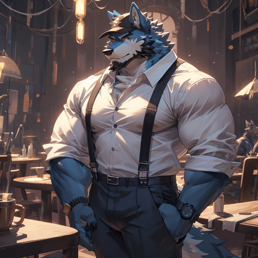 Furry, anthro, Wolf , Blue Fur , Dragon Horns ,Wearing Black Cap solo, shirt, 1boy, white shirt, Muscle body, male focus, collared shirt, pants, looking to the side, suspenders, pectorals, sleeves rolled up, watch, wristwatch, beard , (Ultra Details),(masterpiece)