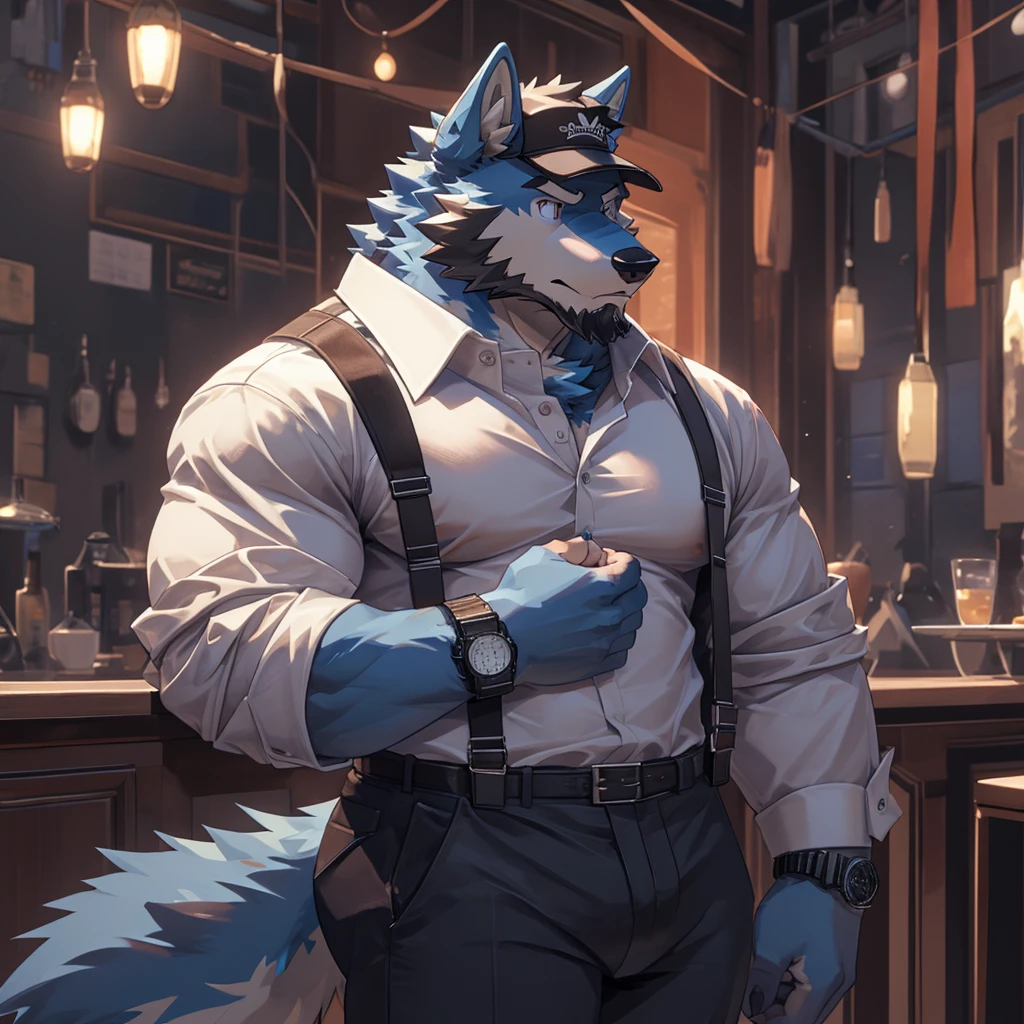 Furry, anthro, Wolf , Blue Fur , Dragon Horns ,Wearing Black Cap solo, shirt, 1boy, white shirt, Muscle body, male focus, collared shirt, pants, looking to the side, suspenders, pectorals, sleeves rolled up, watch, wristwatch, beard , (Ultra Details),(masterpiece)