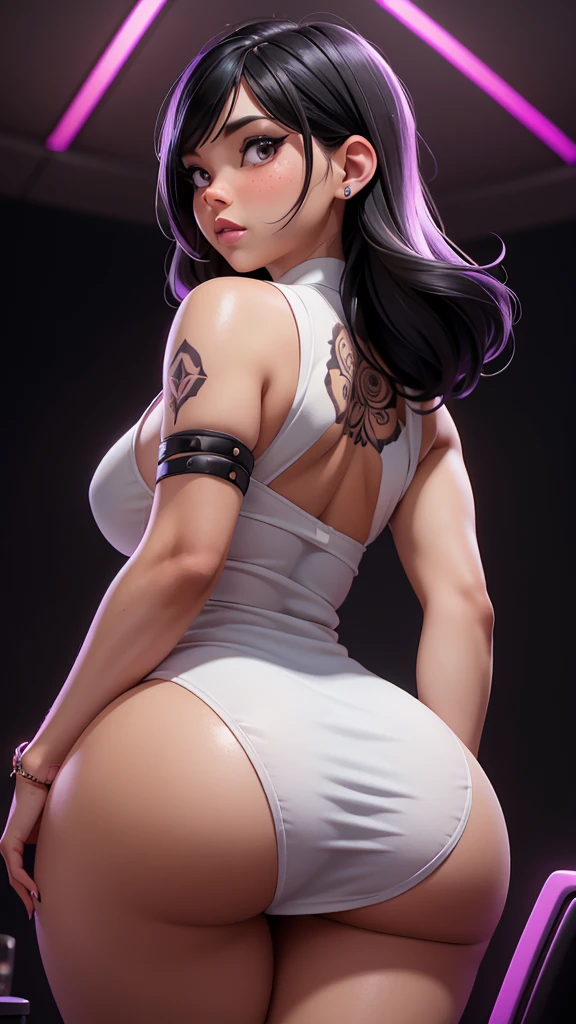 highly detailed portrait of 2 tatooed women, one black woman in a mini-dress and one Caucasian woman in a mini-dress, 2girls, by Atey ghailan, by greg rutkowski, by greg tocchini, by James gilleard, by Joe Fenton, by Kaethe butcher, voluptuous, super detailed face, ample curvaceous, highly detailed accentuated big booty with phenomenal detailed booty cheeks, great aesthetics, gradient purple, neon color scheme, grunge aesthetics, nightclub background, cinematic lighting, 32k, uhd, 