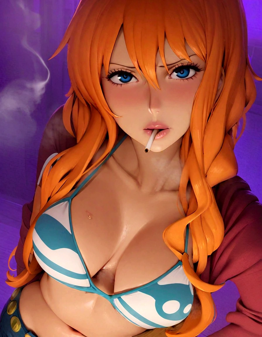 a cartoon picture of a woman in a bikini top and jeans, nami one piece, nami from one piece, nami, beautiful portrait of nami, from one piece, oppai, blue eyes, smoking, ponytail, nsfw