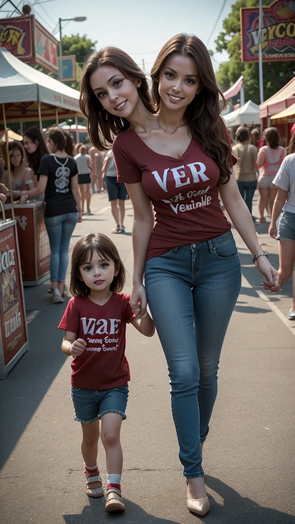 (conjoined_dicephalus), (2heads), 30-year-old white woman with two heads, brown hair, blue eyes, wearing a red v-neck t-shirt and jeans, walking at a carnival, holding her daughter's hand