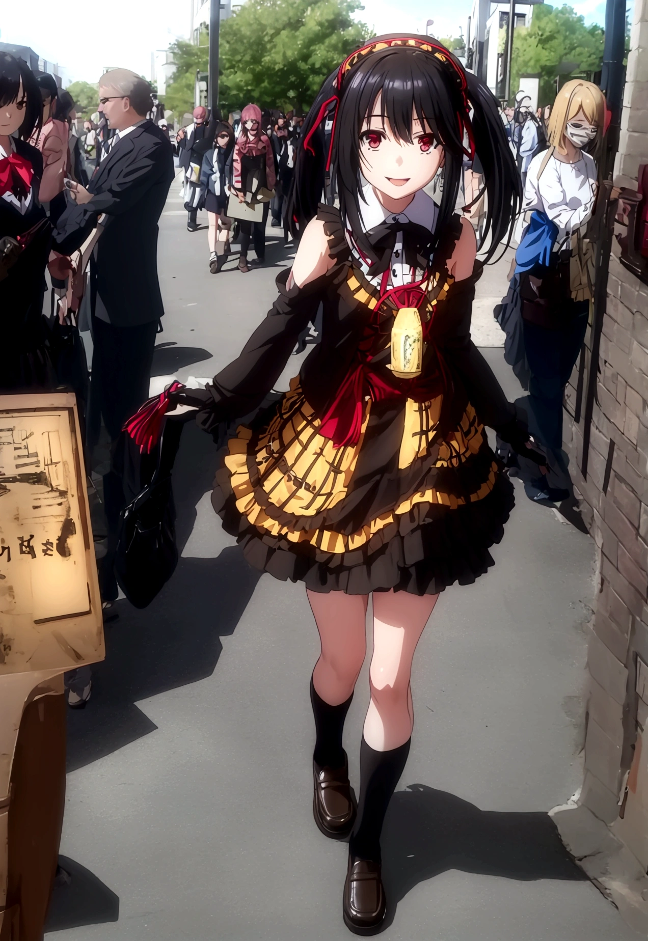 ultra-detailed,highly detailed,best quality,masterpiece,illustration,realistic, photo,photorealistic,
1girl, tokisaki kurumi,cosplay,hair over one eye, looking at viewer, happy girl,low twintails,
, hotpants, hair rings, loafers,
Outdoors, walking, station
