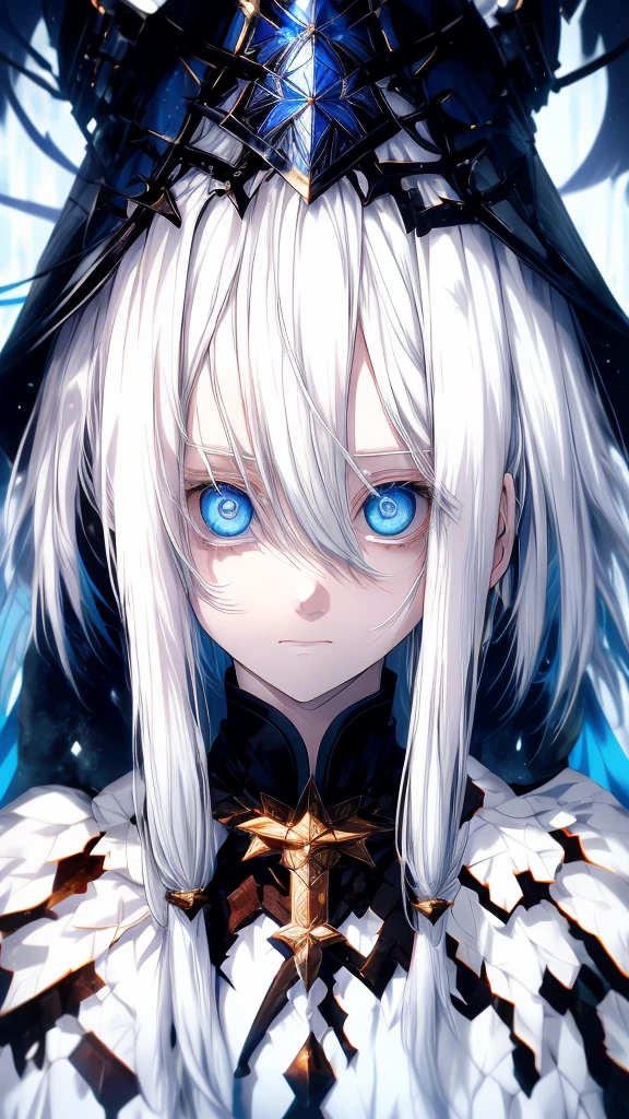 White haired man, standing and looking at the camera, he have white hair and blue eyes, the background is dark filled with countless blue eyes all eyes staring at the camera
