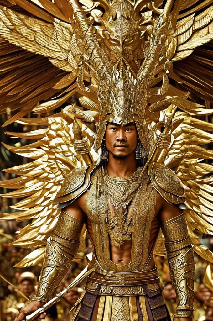 ((best quality)), ((masterpiece)), (detailed), create very detailed images of A powerful warrior in Javanese mythology, associated with thunder and lightning, and renowned for his strength and bravery. He is often depicted as a fierce warrior who defends people from danger, and his stories are full of epic battles and heroic feats.