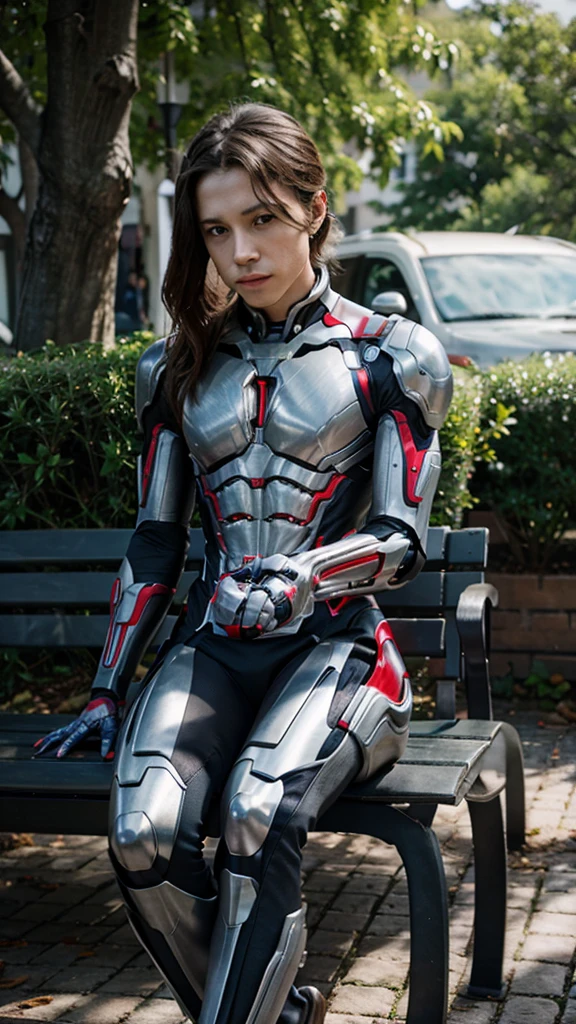 Ultron but sitting on a bench