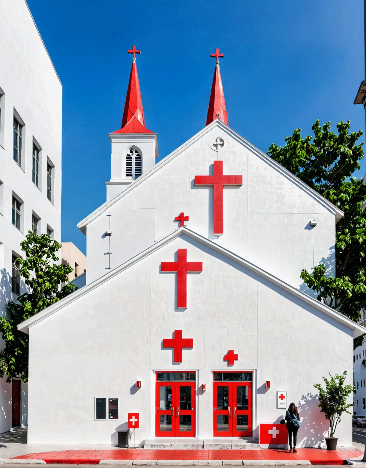 Modern church in crowded city. White painted color wall with red cross.