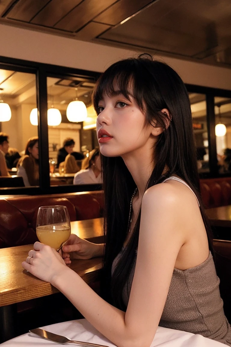21yo girl, black hair, Dark room, restaurants dinner romantic