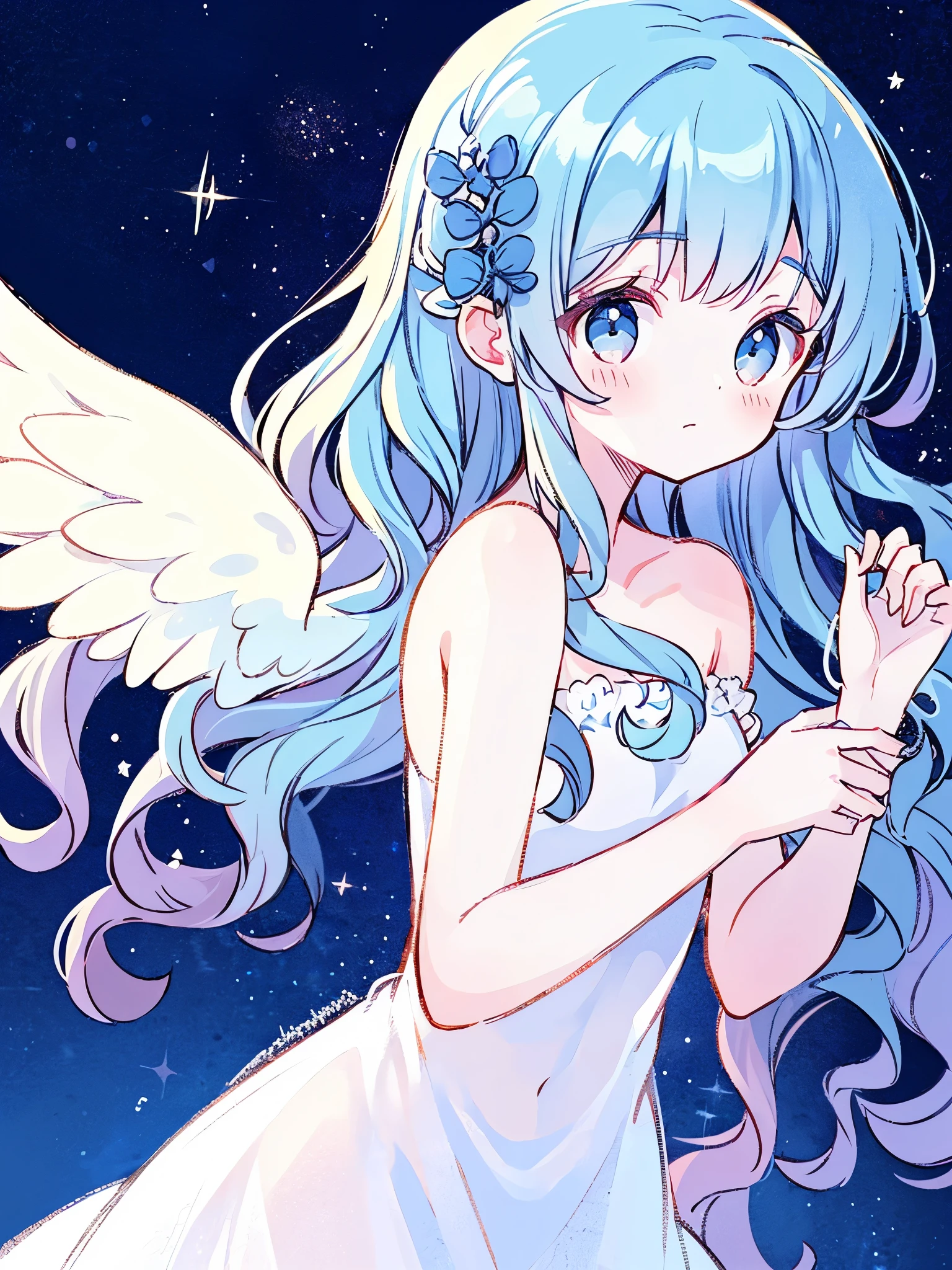 nude angel girl wearing an ethereal translucent dress, pale skin, ((blue mint wavy hair)), white feathers, angel wings, sparkling detailed eyes, golden ratio face, perfect composition, highly detailed, ethereal, (starry night sky background), midjourney style