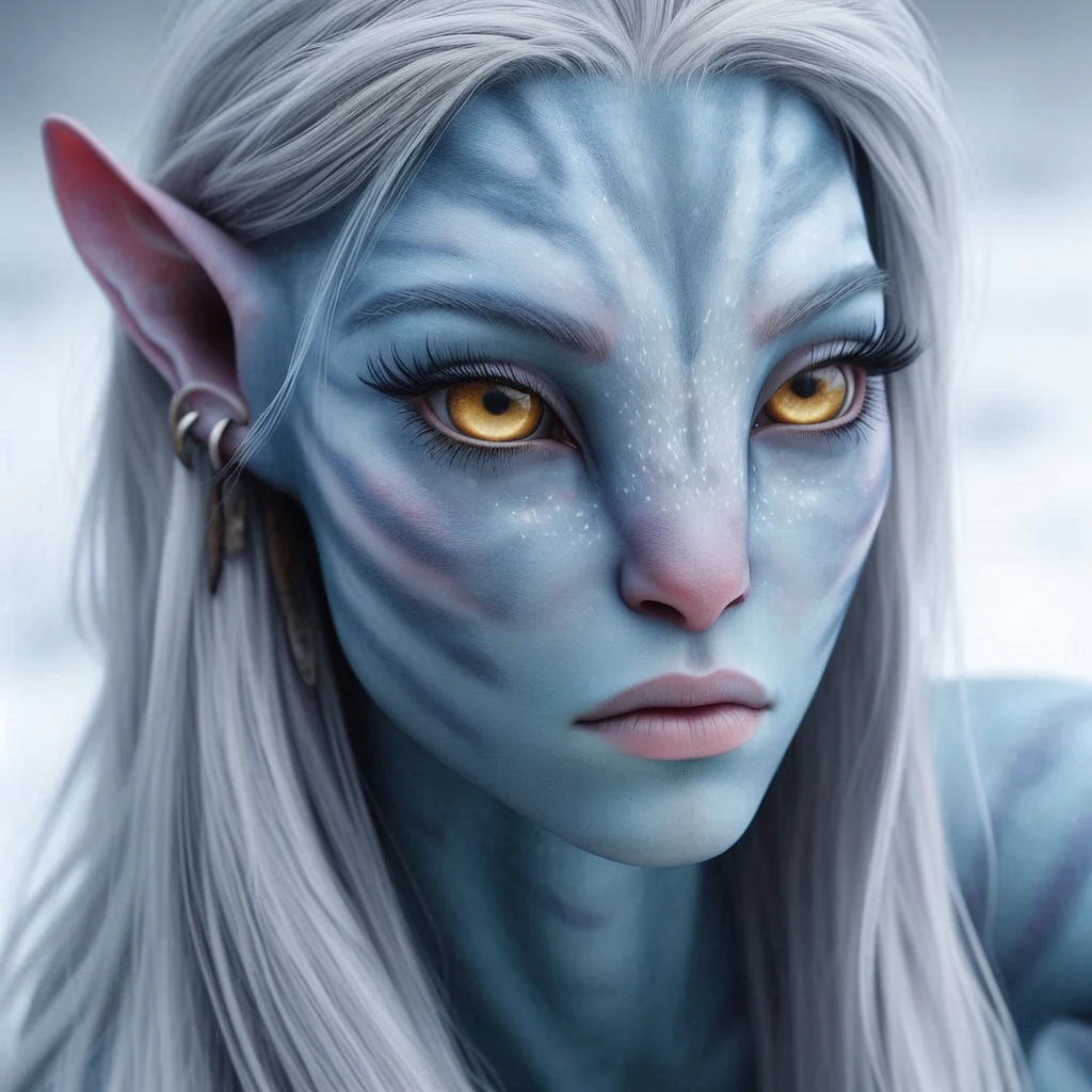 depicts a character with pale skin and white hair. He wears fur clothes, suggesting a cold environment. The character extends a hand towards the viewer, with black nails and rings adorning the fingers. One of the rings has a large dark stone.a Na&#39;vi woman with pale greyish-white skin, with golden eyes, long straight white hair,tall and thin body,your eyebrows are white,Your eyelashes are white and large, slightly pink lips, wild and serious look, firm warrior stance, closed jaw, she is young,He wears an earring made from a wolf&#39;s claw in his left ear.