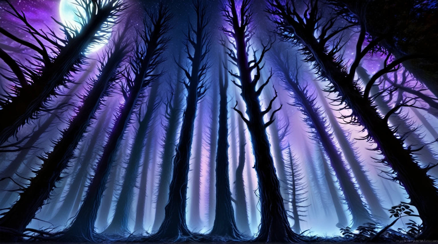 Tall Tree々and a painting of a forest with purple lights., an image of a Moonlight Forest, Night Forest, Night Forest, Deep forest at night, Blue Forest, foggy Night Forest, Moonlight Forest, Mysterious Forest, mysterious dense forest, Forest Night, 静かなForest Night景, Luminous Forest, dense lush Night Forest