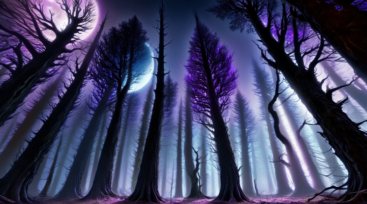 Tall Tree々and a painting of a forest with purple lights., an image of a Moonlight Forest, Night Forest, Night Forest, Deep forest at night, Blue Forest, foggy Night Forest, Moonlight Forest, Mysterious Forest, mysterious dense forest, Forest Night, 静かなForest Night景, Luminous Forest, dense lush Night Forest