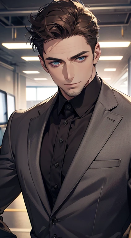 (best quality,4k,8k,highres,masterpiece:1.2),ultra-detailed,(realistic,photorealistic,photo-realistic:1.37),1 man,31 years old,mature man,very handsome,without expression,smile,short grey brown hair,blue eyes,penetrating gaze,perfect face without errors,imposing posture,businessman,office background,cinematic lighting,hdr image