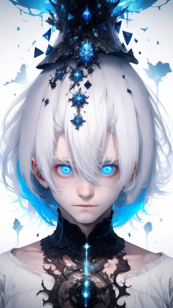 White haired man, standing and looking at the camera, he have white hair and blue eyes, the background is dark filled with countless blue eyes all eyes staring at the camera 