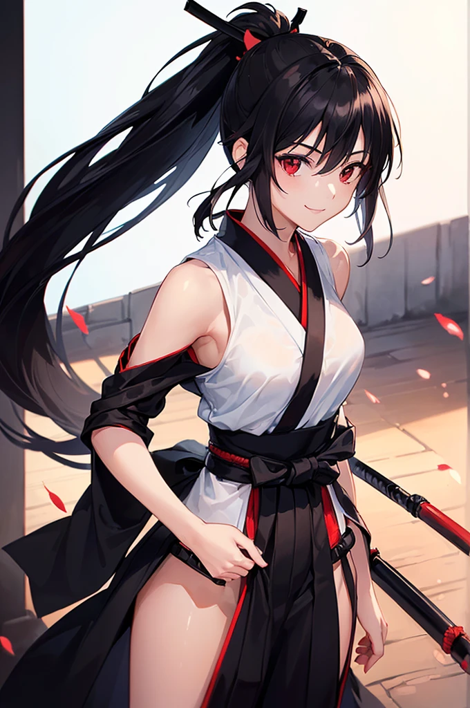 (masterpiece; best quality: 1.2), (finely detailed eyes: 1.3), ((25 year old woman)), ((solo)), (red eyes: 1.4), (body; lithe, slender, femenine: 1.3), (black hair in ponytail: 1.3), (beautiful and clear background: 1.2), ((depth of field)), (clothes: ronin attire + black hakama + black sash: 1.3), (anime illustration: 1.2), (background composition; kendo dojo + night time: 1.1), (extremely fine and beautiful: 1.1), (shot composition; standing + centered on torso + close-up: 1.5), (expression; calm, smile: 1.2)