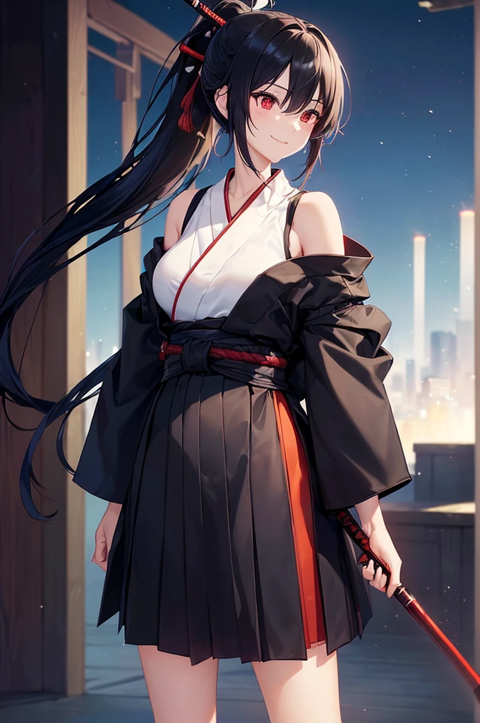 (masterpiece; best quality: 1.2), (finely detailed eyes: 1.3), ((25 year old woman)), ((solo)), (red eyes: 1.4), (body; lithe, slender, femenine: 1.3), (black hair in ponytail: 1.3), (beautiful and clear background: 1.2), ((depth of field)), (clothes: ronin attire + black hakama + black sash: 1.3), (anime illustration: 1.2), (background composition; kendo dojo + night time: 1.1), (extremely fine and beautiful: 1.1), (shot composition; standing + centered on torso + close-up: 1.5), (expression; calm, smile: 1.2)