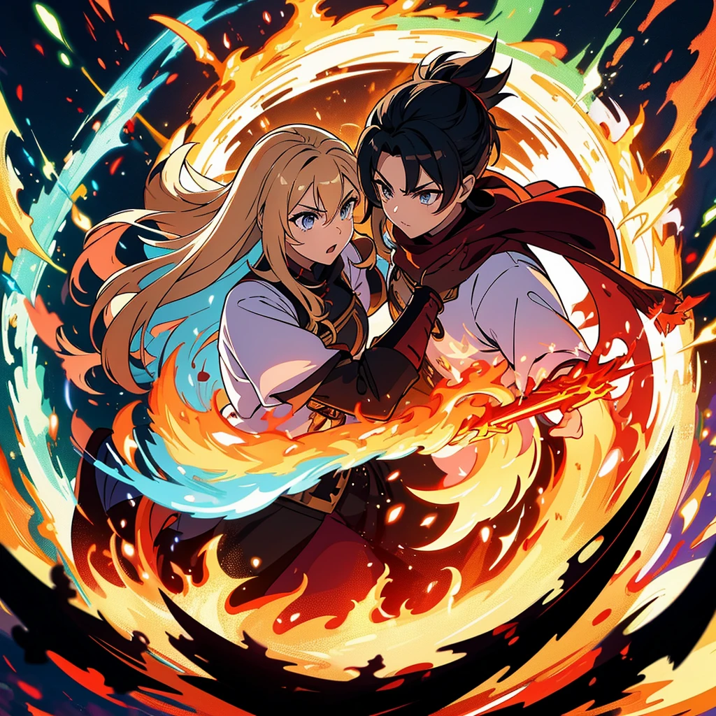 A fierce battle between two (warrior), Demonstrate your mastery of the blade, Flames come out of their swords, Swirling rainbows and lights on complex background, masterpiece, High resolution, Fine grain.