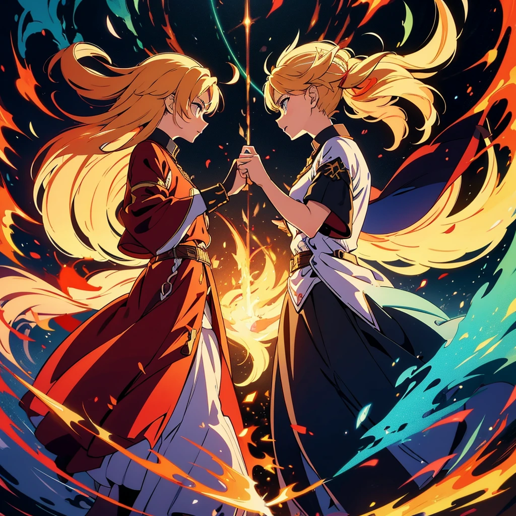 A fierce battle between two (warrior), Demonstrate your mastery of the blade, Flames come out of their swords, Swirling rainbows and lights on complex background, masterpiece, High resolution, Fine grain.