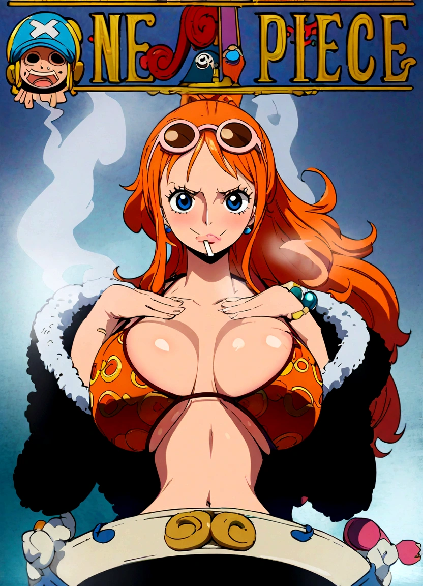 a cartoon picture of a woman in a bikini top and jeans, nami one piece, nami from one piece, nami, beautiful portrait of nami, from one piece, oppai, blue eyes, smoking, ponytail, nsfw