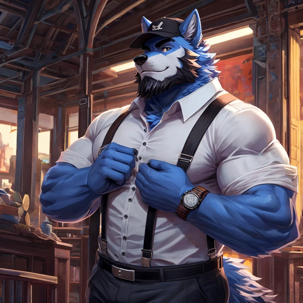 Furry, anthro, Wolf , Blue Fur , Dragon Horns ,Wearing Black Cap solo, shirt, 1boy, white shirt, Muscle body, male focus, collared shirt, pants, looking to the side, suspenders, pectorals, sleeves rolled up, watch, wristwatch, beard , (Ultra Details),(masterpiece)