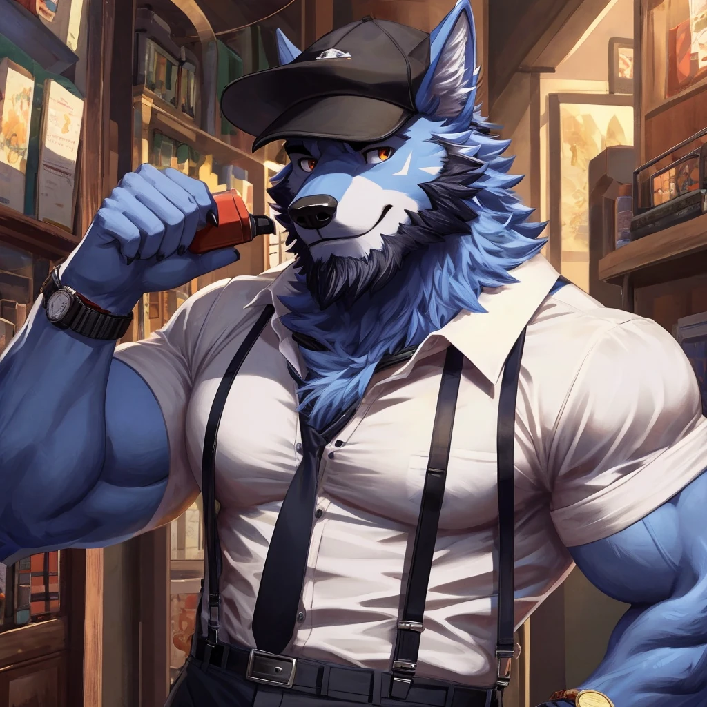 Furry, anthro, Wolf , Blue Fur , Dragon Horns ,Wearing Black Cap solo, shirt, 1boy, white shirt, Muscle body, male focus, collared shirt, pants, looking to the side, suspenders, pectorals, sleeves rolled up, watch, wristwatch, beard , (Ultra Details),(masterpiece)