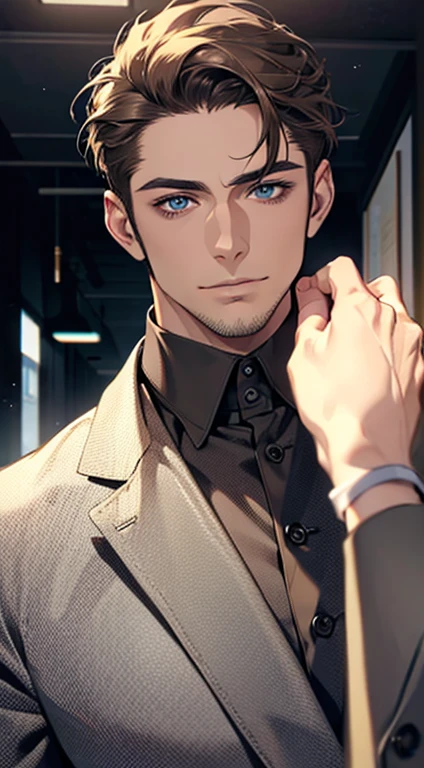 (best quality,4k,8k,highres,masterpiece:1.2),ultra-detailed,(realistic,photorealistic,photo-realistic:1.37),1 man,31 years old,mature man,very handsome,without expression,smile,short grey brown hair,blue eyes,penetrating gaze,perfect face without errors,imposing posture,businessman,office background,cinematic lighting,hdr image