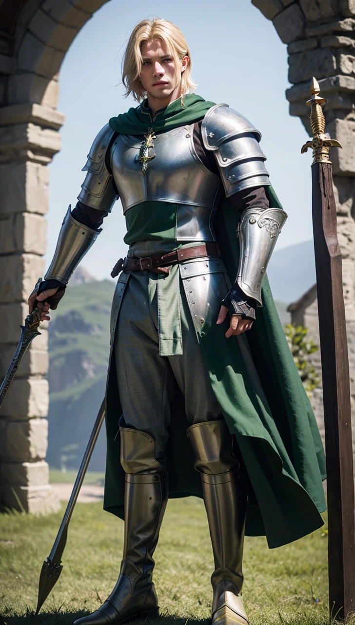 Male Youth with blonde hair, brown eyes and fair skin, wearing green medieval knight armor and gray trousers, gauntlets and boots, weilding spear, fullbody, medieval background, muscular