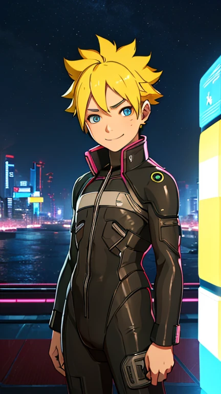 (8k),(masterpiece),(Japanese),(13-year-old boy),((innocent look)),((Childish)),From the front,smile,cute,Innocent,Kind eyes,Flat chest, Uzumaki Boruto wearing cyberpunk bodysuit,Short,Hair blowing in the wind,Yellow Hair,Strong wind,night,dark, Neon light cyberpunk Konoha Space Station 