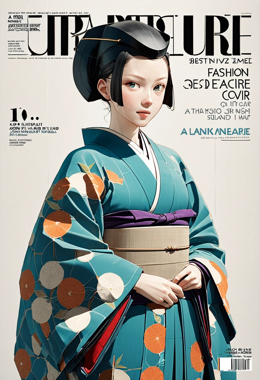 (masterpiece, ultra detailed,best quality),
(fashion magazine cover:1.3),A girl wearing an aristocratic kimono from the Heian period,BREAK.(yo,cute,detailed face,(darkblue wavy-short hair),parallel eyebrows),dynamic pose,