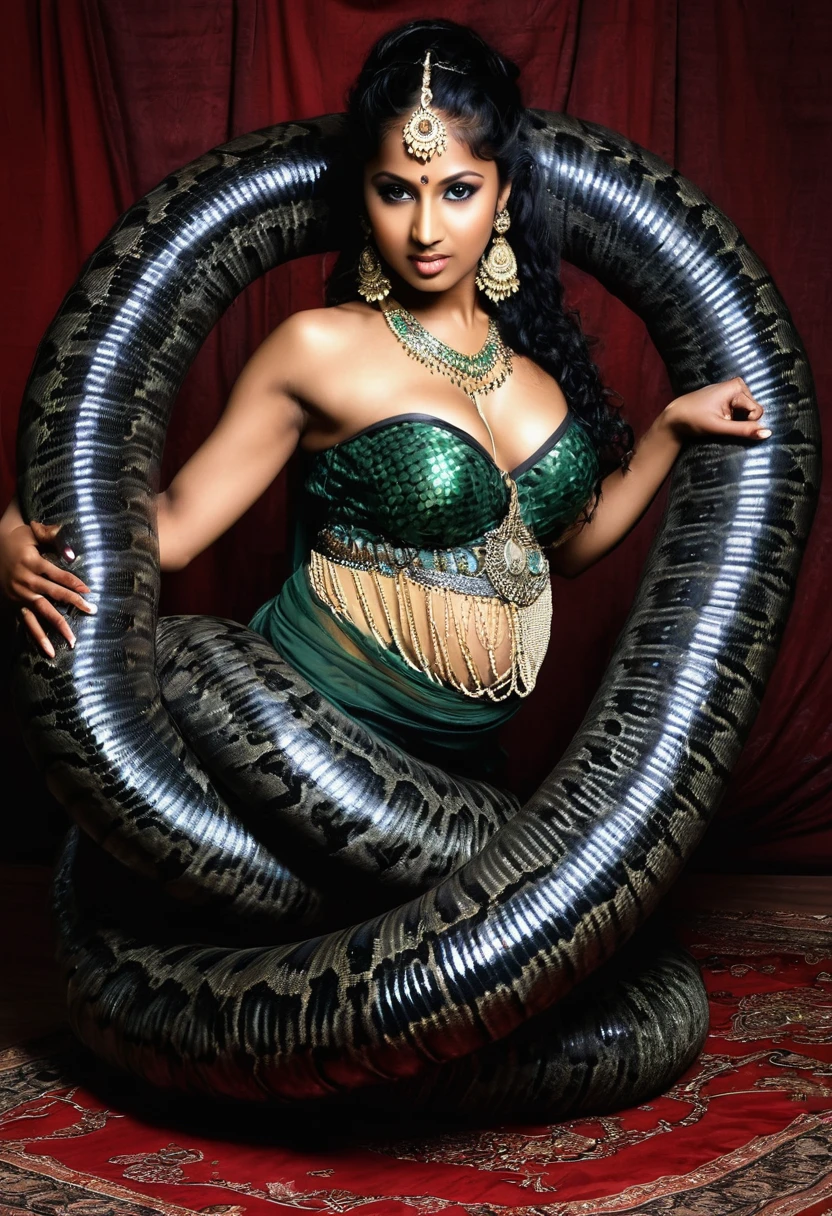 Pregnant  Happy Horny, aroused 1girl), beautiful kneeling Indian  young belly dancer **** girl  with  giant colossal black titanboa squeezing her hard, wrapped in thick spiraling coils, constricted, struggle, gasping for air, snake attack, snake peril, moonless night, dim light